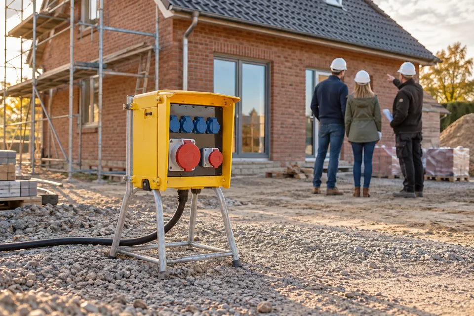 Baustromverteiler vor einem neuen Haus, Bauherren planen im Hintergrund ihren Einzug – KI-Symbolbild